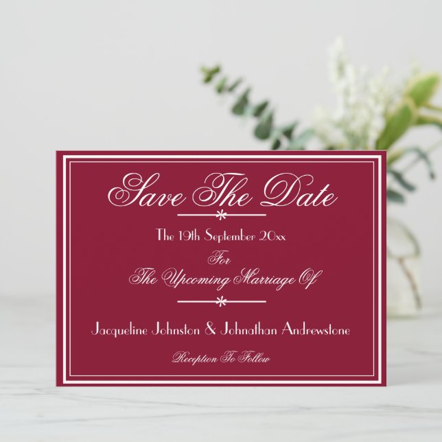Chic White Script Borders Burgundy Save The Date Announcement (Standing Front)