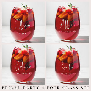 Chic White Script Bridal Party Wedding Stemless Wine Glass