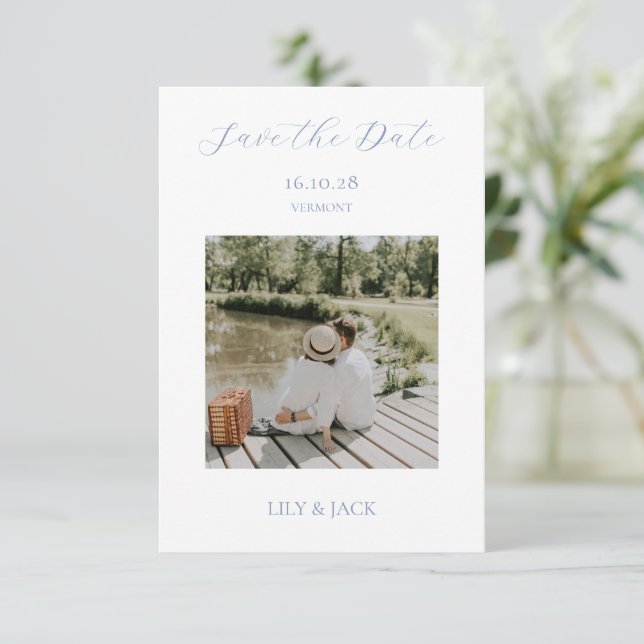 Chic White Script Couple Photo Save The Date Card (Standing Front)