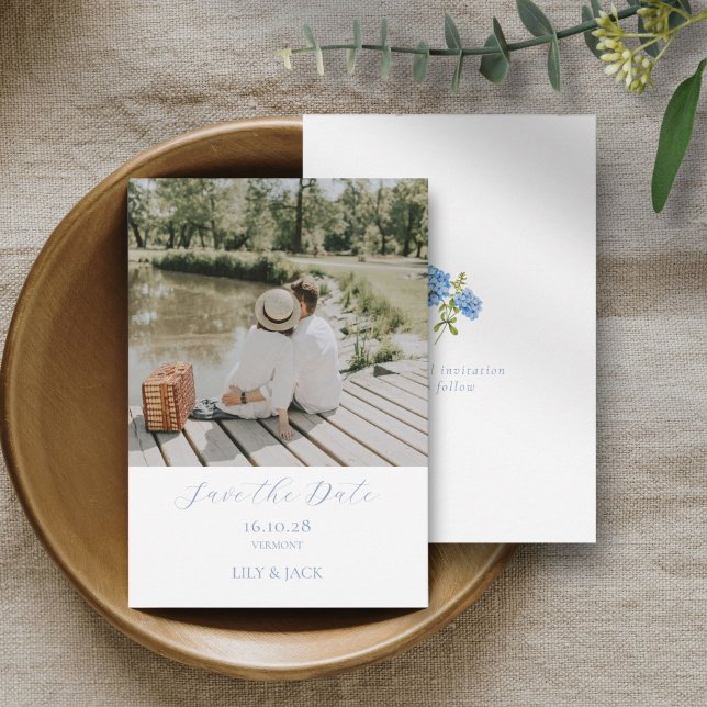 Chic White Script Couple Photo Save The Date Card (Creator Uploaded)