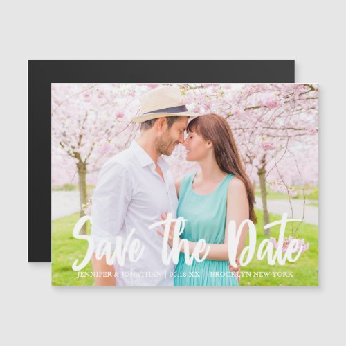 Chic White Script Engagement Photo Magnetic Card