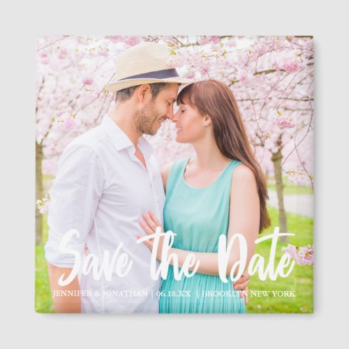 Chic White Script Engagement Photo Magnetic Card Magnet