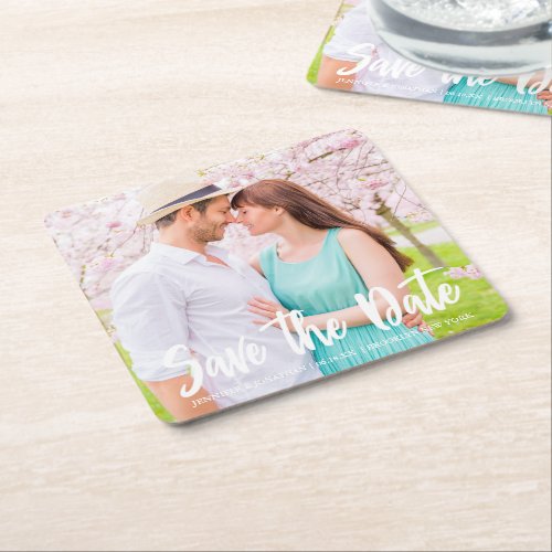 Chic White Script Engagement Photo Magnetic Card Square Paper Coaster