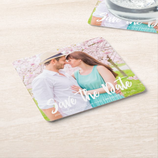 Chic White Script Engagement Photo Magnetic Card Square Paper Coaster (Angled)