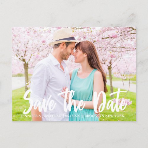 Chic White Script Engagement Photo Save the Date Postcard