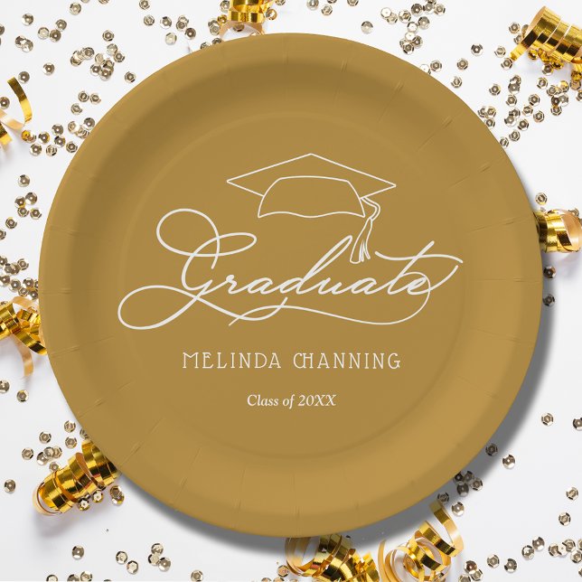 Chic White Script Grad Cap Gold Graduation Paper Plates (White script grad cap on gold personalized graduation party paper plates, napkins in our store)