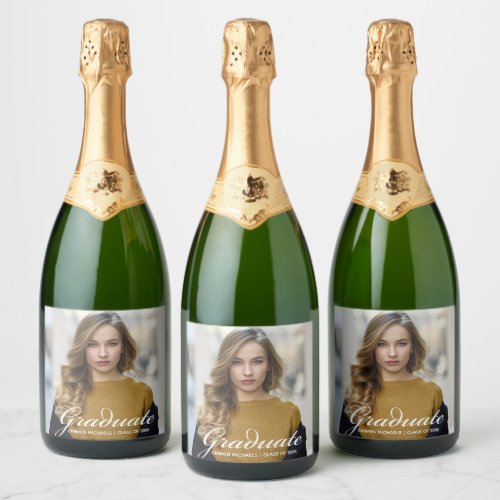 Chic White Script Modern Graduate Photo Party Sparkling Wine Label