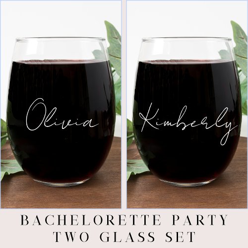 Chic White Script Monogram Bachelorette Party Stemless Wine Glass