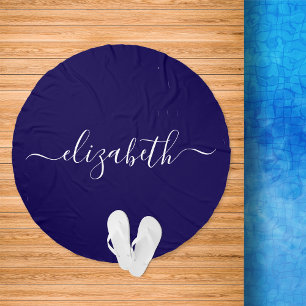 Chic White Script Monogram Navy Blue Beach Towel