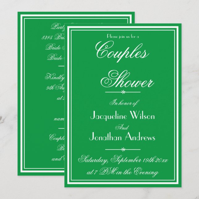 Chic White Script on Emerald Green Couples Shower Invitation (Front/Back)