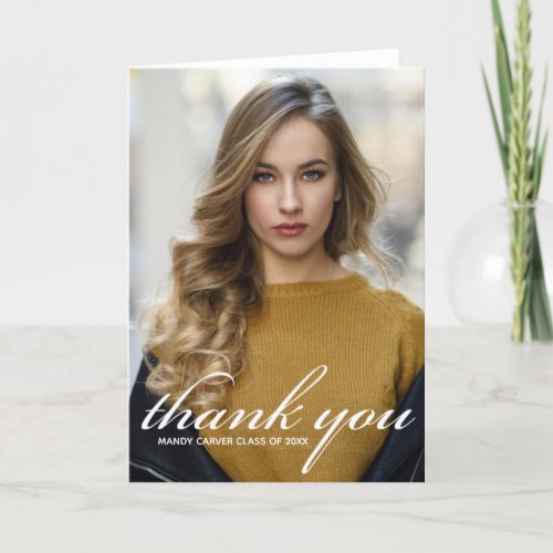 Chic White Script Overlay 2024 Graduate Photo Thank You Card