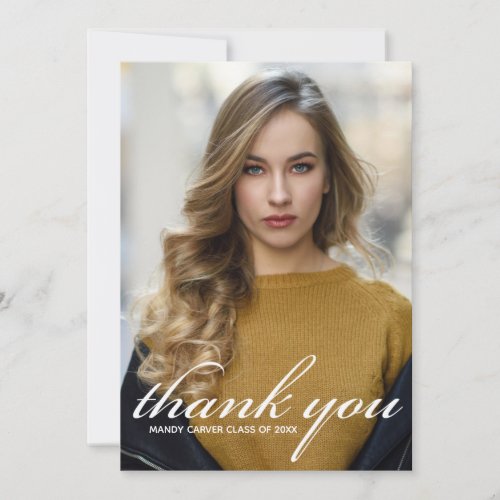 Chic White Script Overlay 2024 Graduation Photo Thank You Card