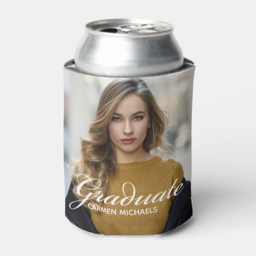 Chic White Script Overlay Graduate Photo Party Can Cooler