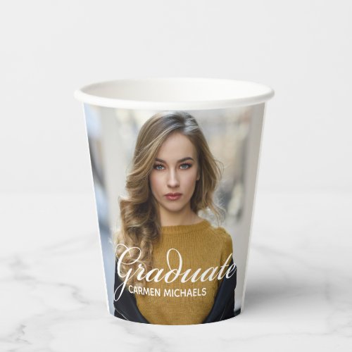 Chic White Script Overlay Graduate Photo Party Paper Cups