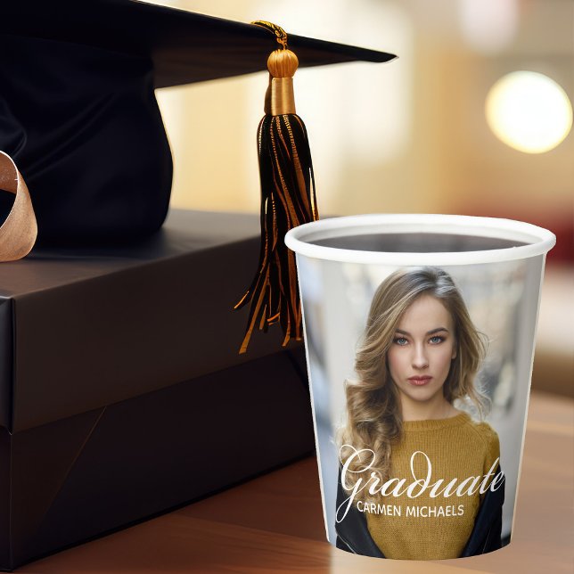 Chic White Script Overlay Graduate Photo Party Paper Cups (Creator Uploaded)