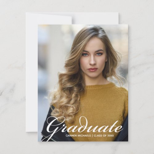 Chic White Script Overlay Modern Graduate Photo Announcement