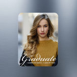 Chic White Script Overlay Modern Graduate Photo Magnet<br><div class="desc">Graduate is written in simple white script over your senior portrait photo for a modern graduation announcement magnet. Customize with your name and high school or university class year under the cursive typography. A beautiful magnetic card.</div>