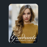 Chic White Script Overlay Modern Graduate Photo Magnet<br><div class="desc">Graduate is written in simple white script over your senior portrait photo for a modern graduation announcement magnet. Customize with your name and high school or university class year under the cursive typography. A beautiful magnetic card.</div>