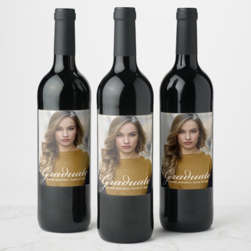 Chic White Script Overlay Modern Graduate Photo Wine Label