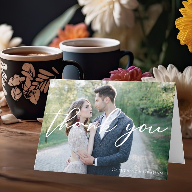 Chic White Script Overlay Wedding Photo Thank You (Creator Uploaded)