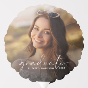 Chic White Script Photo Overlay Graduation Party Balloon