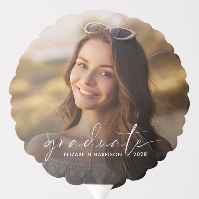 Chic White Script Photo Overlay Graduation Party Balloon (Front)
