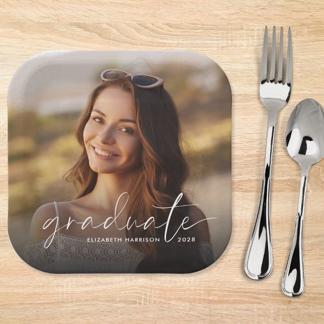 Chic White Script Photo Overlay Graduation Party Paper Plates (Creator Uploaded)