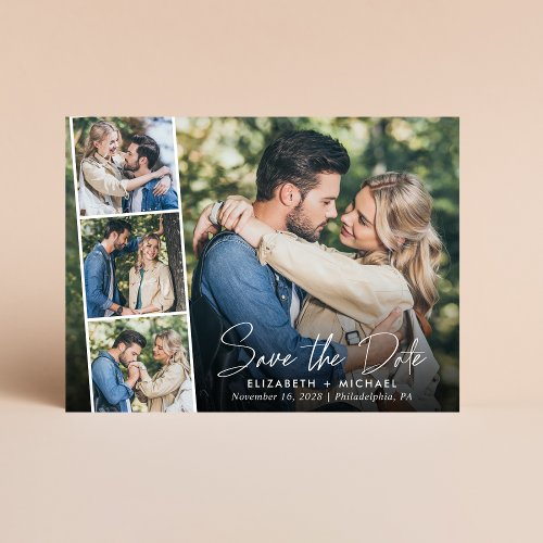 Chic White Script Photo Wedding Save the Date Announcement Postcard