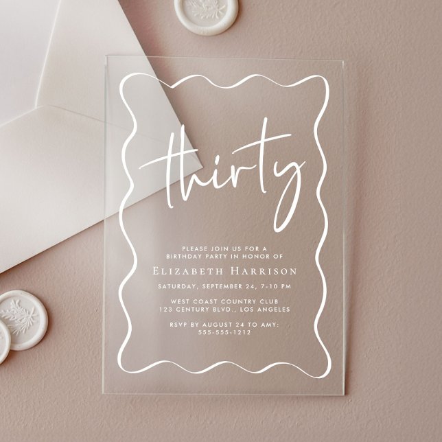 Chic White Script Wavy Frame 30th Birthday Party Acrylic Invitations (Creator Uploaded)