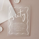 Chic White Script Wavy Frame 60th Birthday Party Acrylic Invitations<br><div class="desc">Clear acrylic invitation for your 60th birthday party featuring a white wavy frame,  "sixty" in a large chic white script,  your name in elegant white serif typography and the party details in simple,  modern lettering, </div>