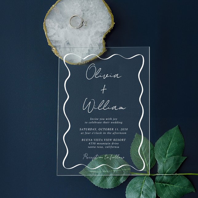 Chic White Script Wavy Frame Wedding Acrylic Invitations (Make your wedding day unforgettable with stunning arch acrylic invitations—modern, elegant, unique!)