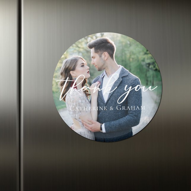 Chic White Script Wedding Photo Thank You Magnet (Creator Uploaded)