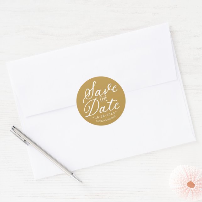 Chic White Script Wedding Save The Date Gold Classic Round Sticker (Envelope)