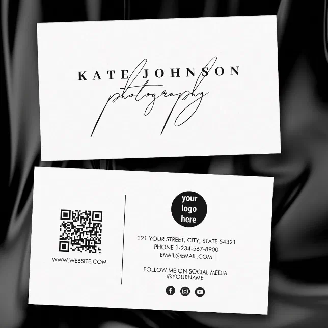 Chic White Signature Script QR Code Social Media Business Card | Zazzle