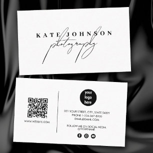 Chic White Signature Script QR Code Social Media  Business Card