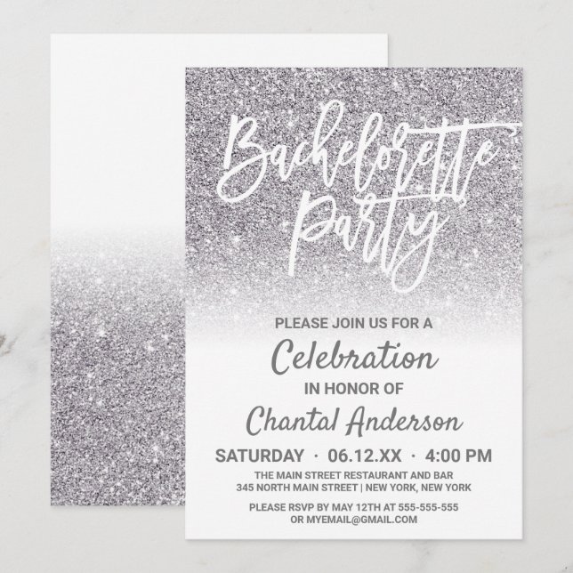 Chic White Silver Faux Glitter Ombre Bachelorette Invitation (Front/Back)