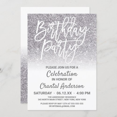 Chic White Silver Faux Glitter Ombre Birthday Invitation