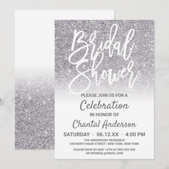 Chic White Silver Faux Glitter Ombre Bridal Shower Invitation (Front/Back)