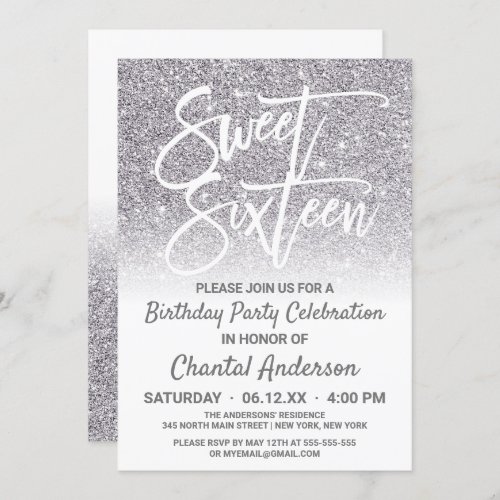 Chic White Silver Faux Glitter Ombre Sweet Sixteen Invitation