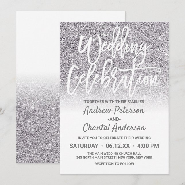 Chic White Silver Faux Glitter Ombre Wedding Invitation (Front/Back)