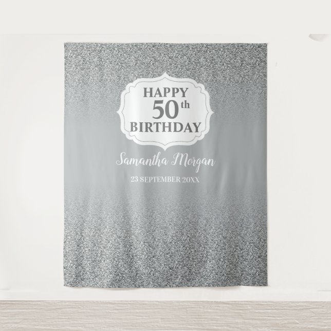 Chic White Silver glitter birthday backdrop banner (Front)