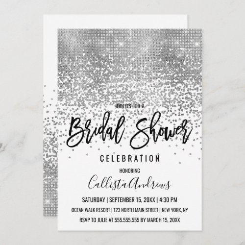 Chic White Silver Glitter Confetti Bridal Shower Invitation