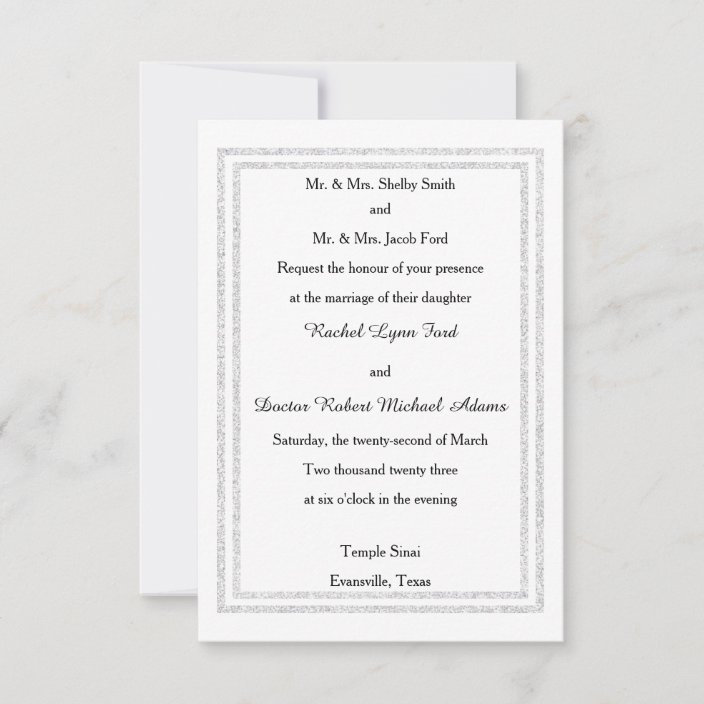 Chic White Silver Glitter Trim-3x5Wedding Invition Invitation | Zazzle.com