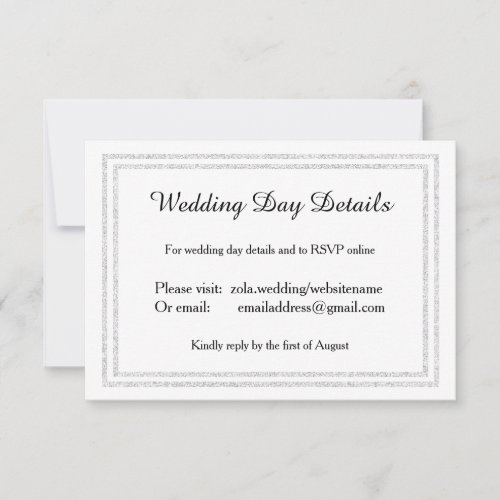 Chic White Silver Glittered Trim _ Wedding Details RSVP Card