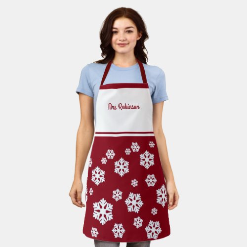 Chic White Snowflakes Nordic Pattern on Dark Red Apron