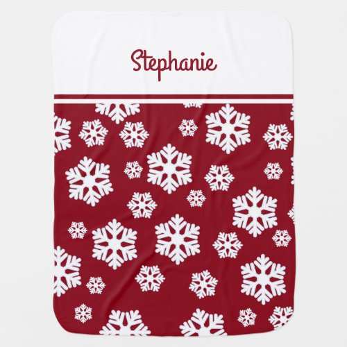 Chic White Snowflakes Nordic Pattern on Dark Red Baby Blanket