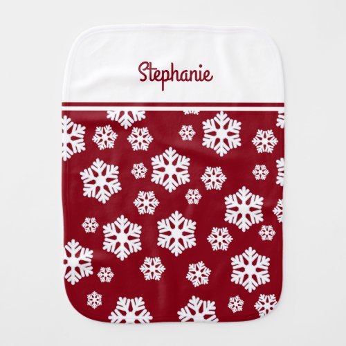 Chic White Snowflakes Nordic Pattern on Dark Red Baby Burp Cloth