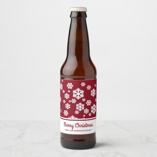 Chic White Snowflakes Nordic Pattern on Dark Red Beer Bottle Label