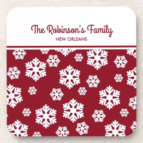 Chic White Snowflakes Nordic Pattern on Dark Red Beverage Coaster