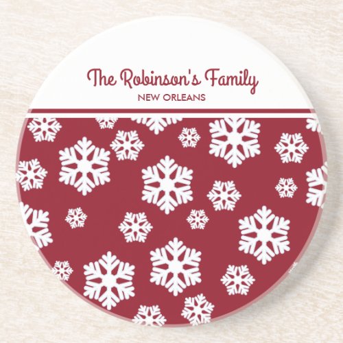 Chic White Snowflakes Nordic Pattern on Dark Red Coaster